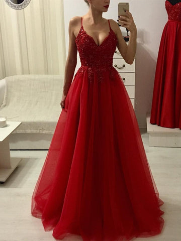 A Line V Neck Spaghetti Straps Backless Lace Long Prom Dress with Beadings