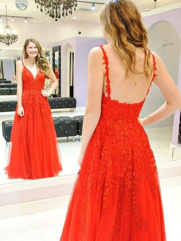 A Line V Neck Spaghetti Straps Floor Length Backless Lace Long Prom Dress