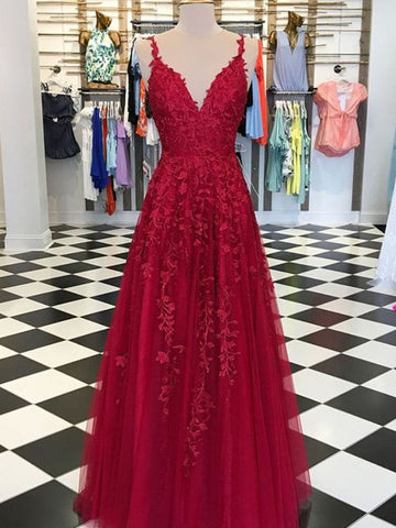 A Line V Neck Spaghetti Straps Floor Length Backless Lace Long Prom Dress