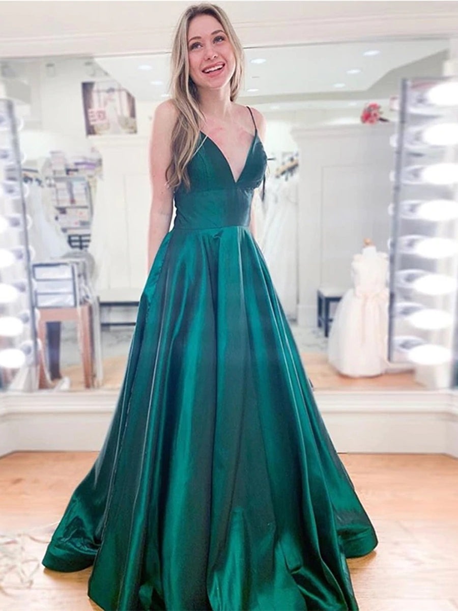 A Line V Neck Spaghetti Straps Long Prom,Formal, Evening Dresses