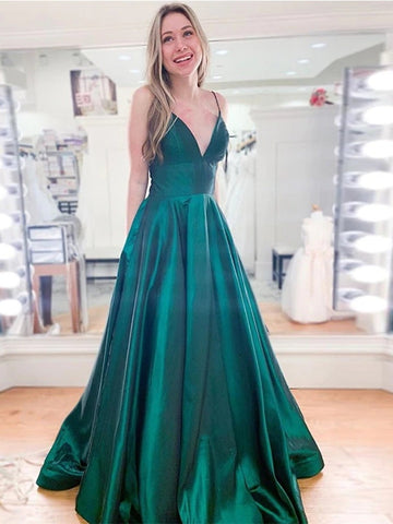 A Line V Neck Spaghetti Straps Long Prom,Formal, Evening Dresses