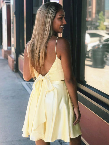 A Line V Neck Two Pieces Backless Short Prom Homecoming with Slit, Formal Graduation Evening