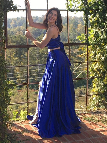 A Line V Neck Two Pieces Backless Prom with High Slit, Two Pieces Formal, Backless Evening