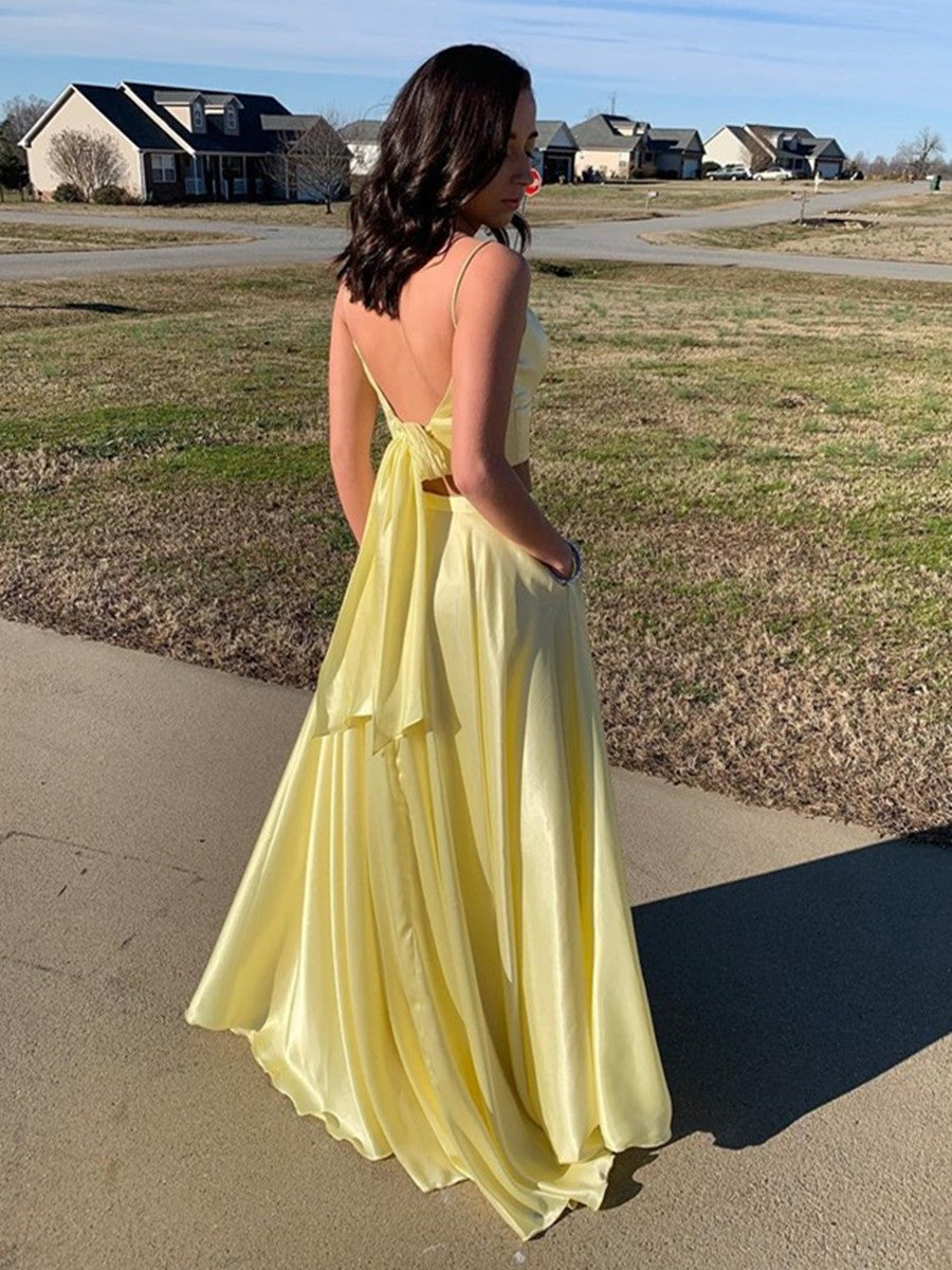 A Line V Neck Two Pieces Backless Prom with High Slit, Two Pieces Formal, Backless Evening