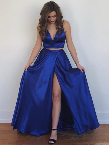 A Line V Neck Two Pieces Backless Prom with High Slit, Two Pieces Formal, Backless Evening