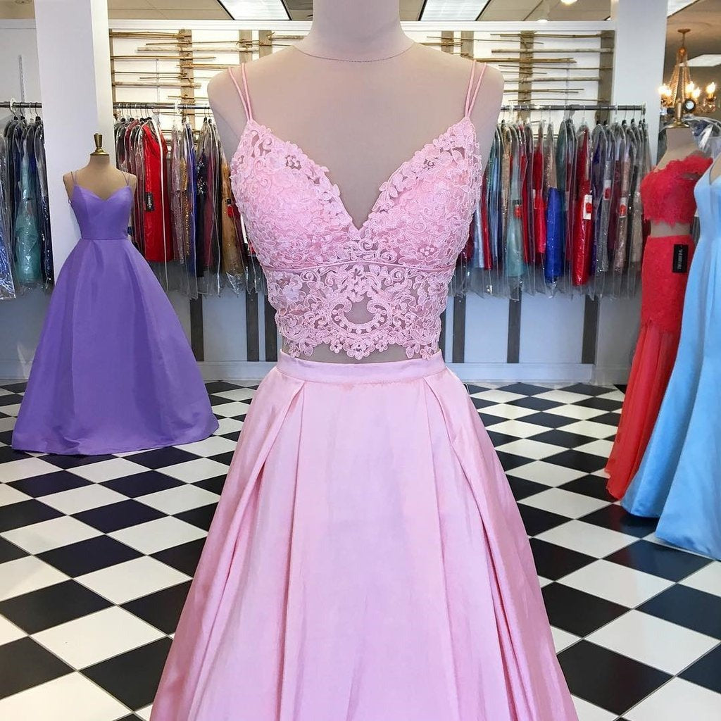 A Line V Neck Two Pieces Lace Top Satin Long Prom Dress
