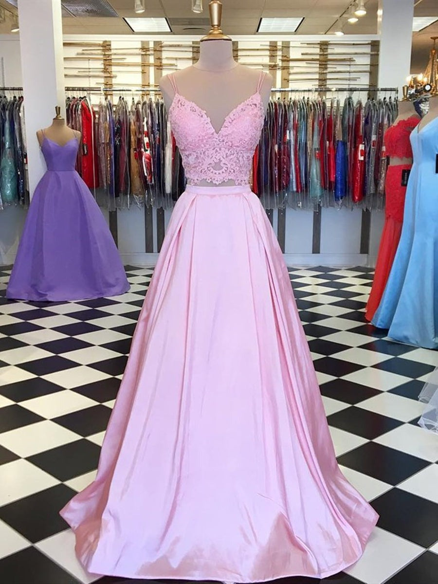A Line V Neck Two Pieces Lace Top Satin Long Prom Dress