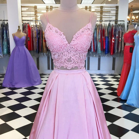 A Line V Neck Two Pieces Lace Top Satin Long Prom Dress