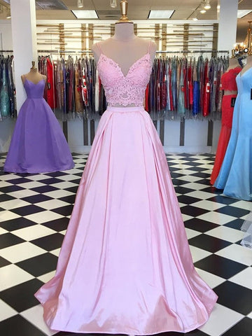 A Line V Neck Two Pieces Lace Top Satin Long Prom Dress