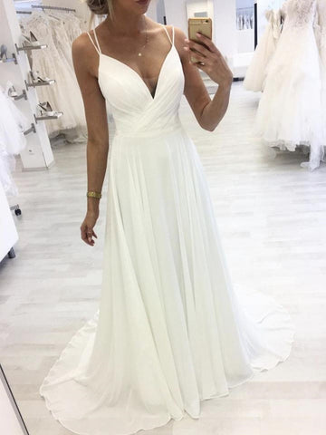 A Line V Neck Chiffon Long Prom with Straps,Formal Graduation Evening Dresses