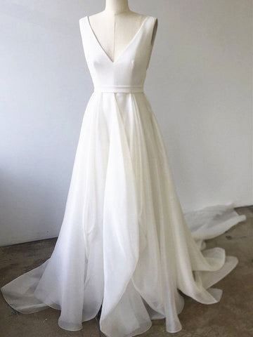 A Line V Neck  Prom , Formal Wedding with Train,  Evening