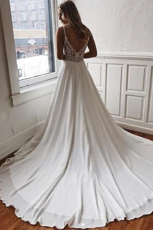 A Line V Neck Wedding with Sweep Train