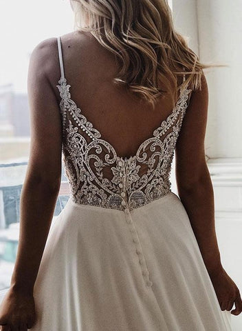 A Line V Neck Wedding with Sweep Train