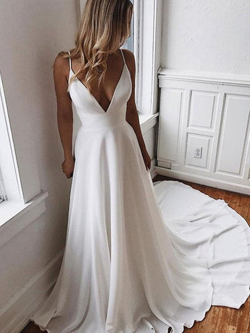 A Line V Neck Wedding with Sweep Train
