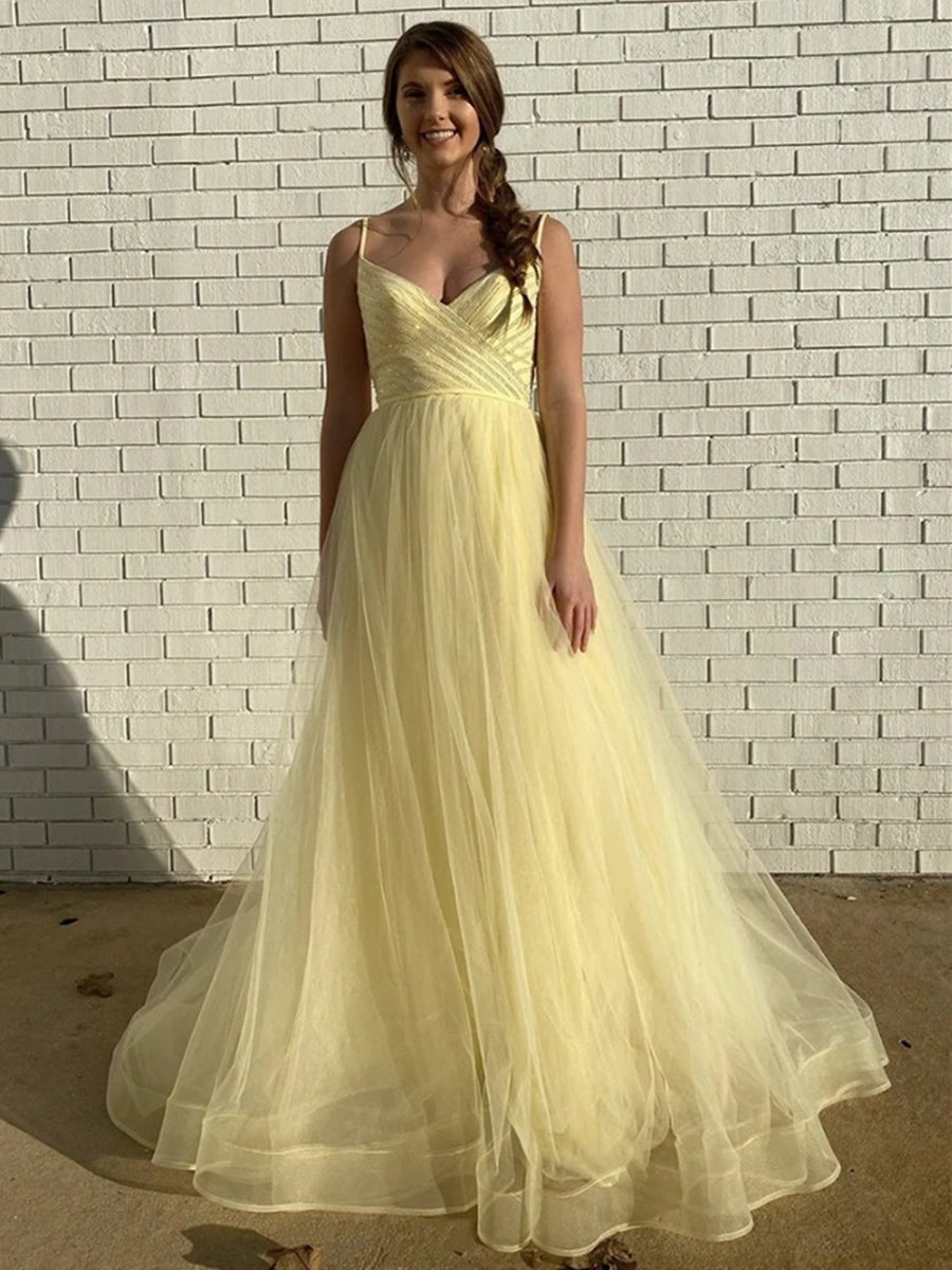 A Line V Neck Tulle Long Prom, Formal Graduation Evening Dress