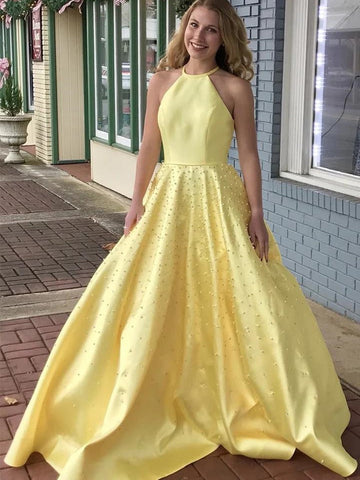 A Line Satin Beaded Long Prom, Formal Graduation Evening Dresses