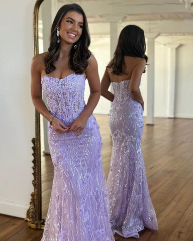 Lace Mermaid Strapless Sequined Prom Dress