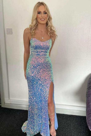 Cute Sweetheart Light Blue Sequins Long Mermaid Prom Dresses with Slit
