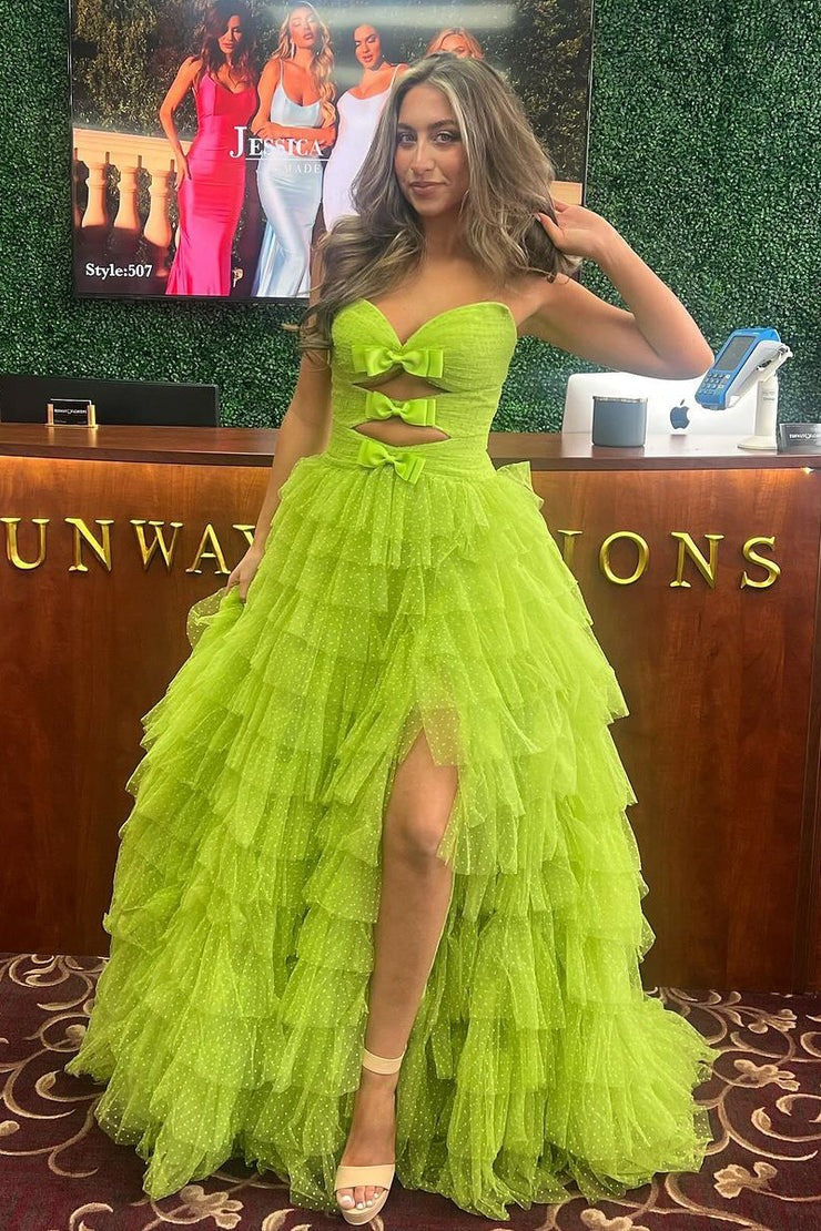 Chic Strapless Green Ruffle Tiered Tulle A-Line Long Prom Dress