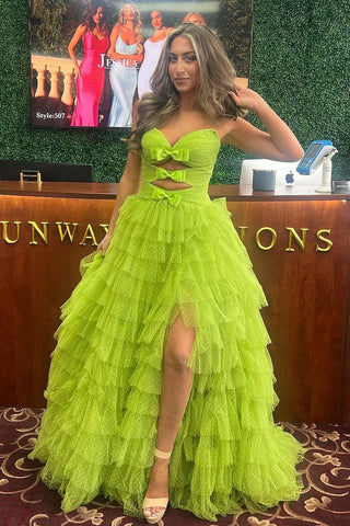 Chic Strapless Green Ruffle Tiered Tulle A-Line Long Prom Dress
