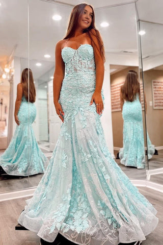 Cute Sweetheart Mint Tulle Lace Long Mermaid Prom Dresses with Appliques