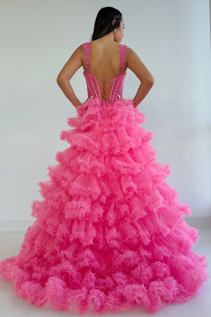 Cute Pink A Line Sweetheart Tiered Tulle Prom Dresses