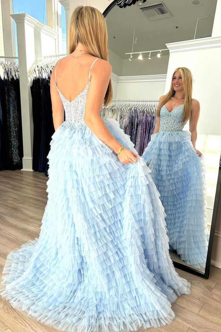 Attractive Light Blue V Neck Ruffle Tiered Tulle Long Prom Dress