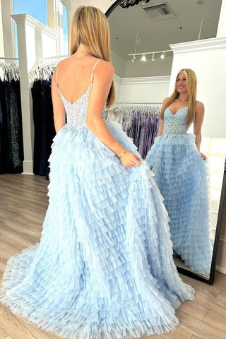 Attractive Light Blue V Neck Ruffle Tiered Tulle Long Prom Dress
