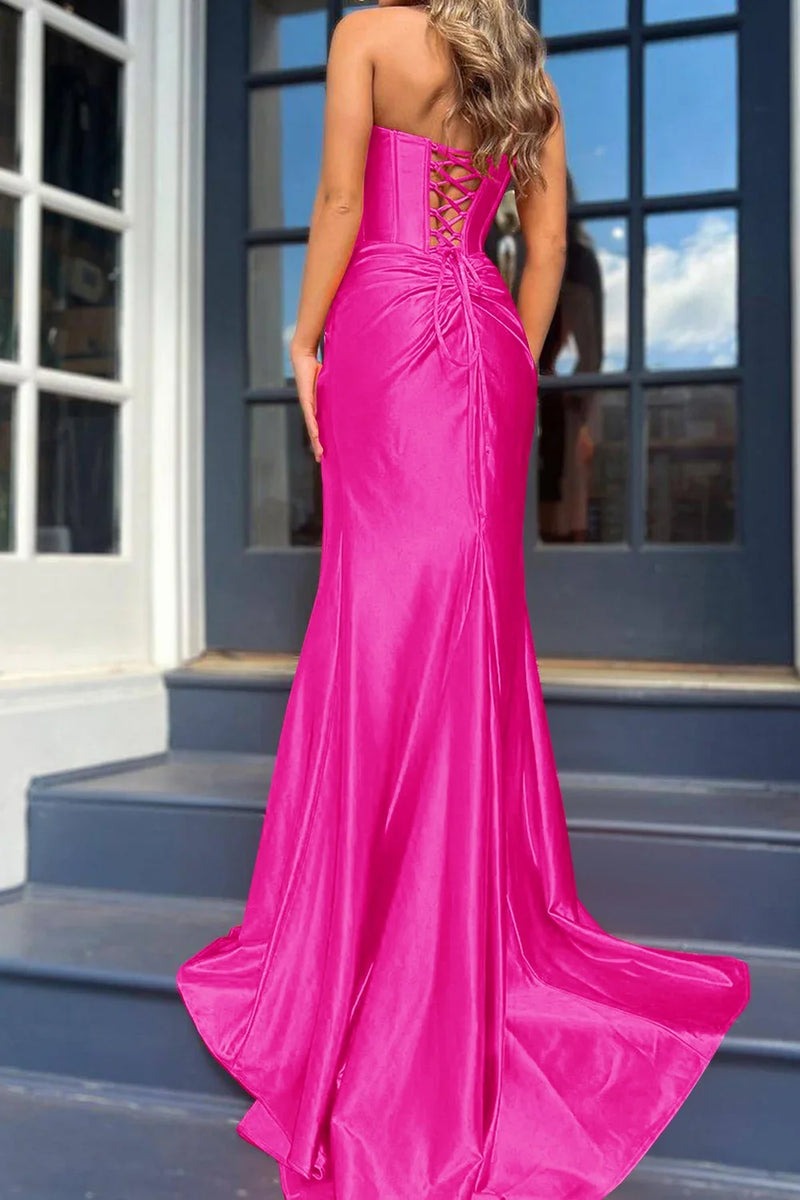 Long  Strapless Satin Prom Dress With Slit