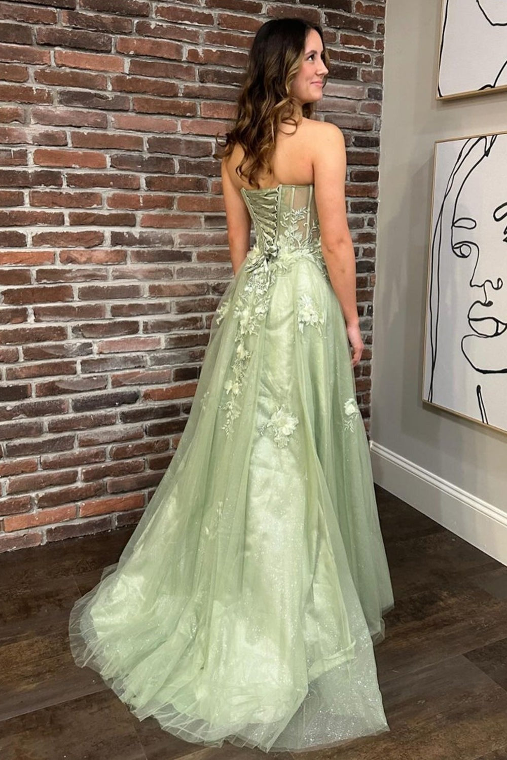 Cute Sweetheart Sage Green Tulle A Line Prom Dresses with Appliques