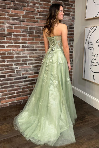 Cute Sweetheart Sage Green Tulle A Line Prom Dresses with Appliques