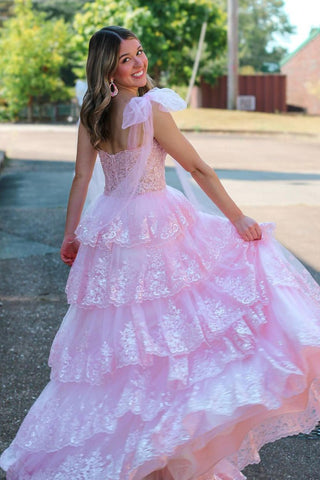 Fairy V Neck Pink Tulle A Line Long Prom Dresses with Appliques