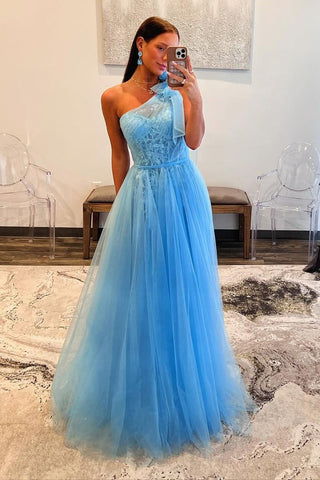One Shouledr Tulle Long Light Blue Prom Dress with Appliques