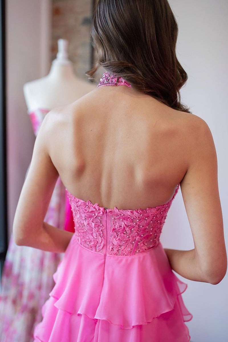Long Pink Halter Tiered Chiffon Prom Dresses with Appliques