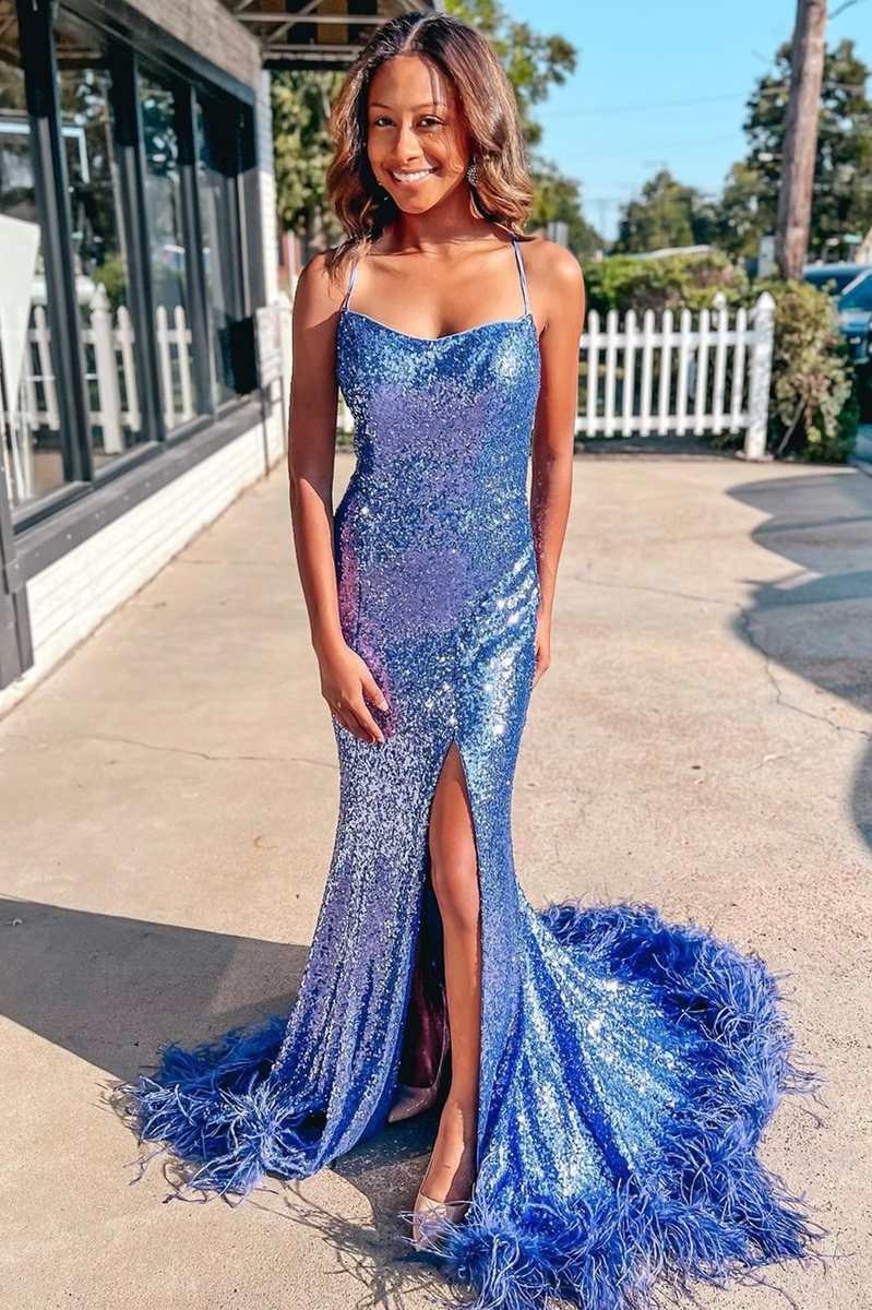 Mermaid Blue Sequin Feather Lace-Up Back Long Prom Dress with Slit