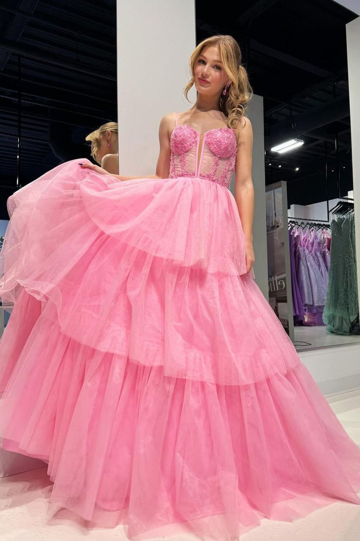 Cute Pink A Line Sweetheart Tiered Tulle Prom Dress