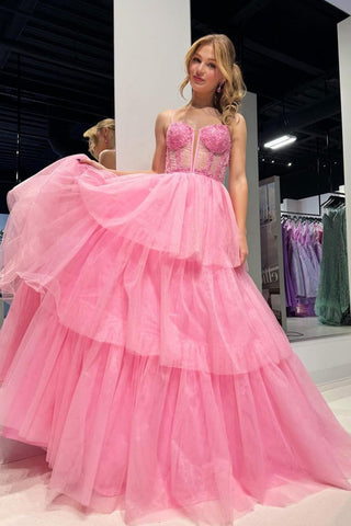 Cute Pink A Line Sweetheart Tiered Tulle Prom Dress