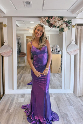 Sparkly V Neck Purple Metallic Satin Mermaid Prom Dress with Hot Stone Beading