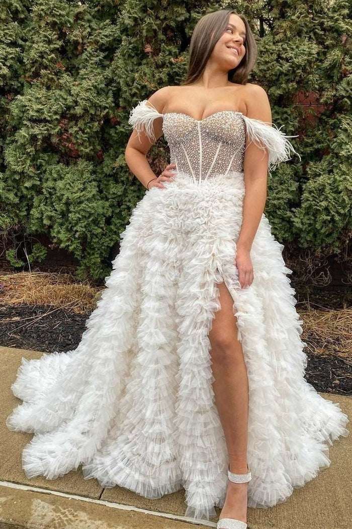 A Line Tiered Tulle Off the Shoulder Prom Dress With Slit