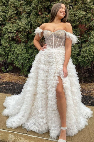 A Line Tiered Tulle Off the Shoulder Prom Dress With Slit