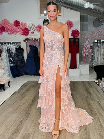 Tiered Lace Sheath One Shoulder  Long Prom Dress
