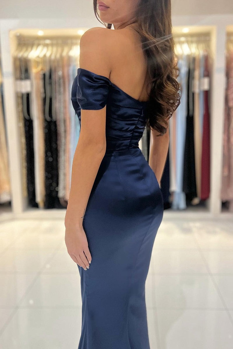 Long Sweetheart Off-the-Shoulder Pleated Prom Formal Dress