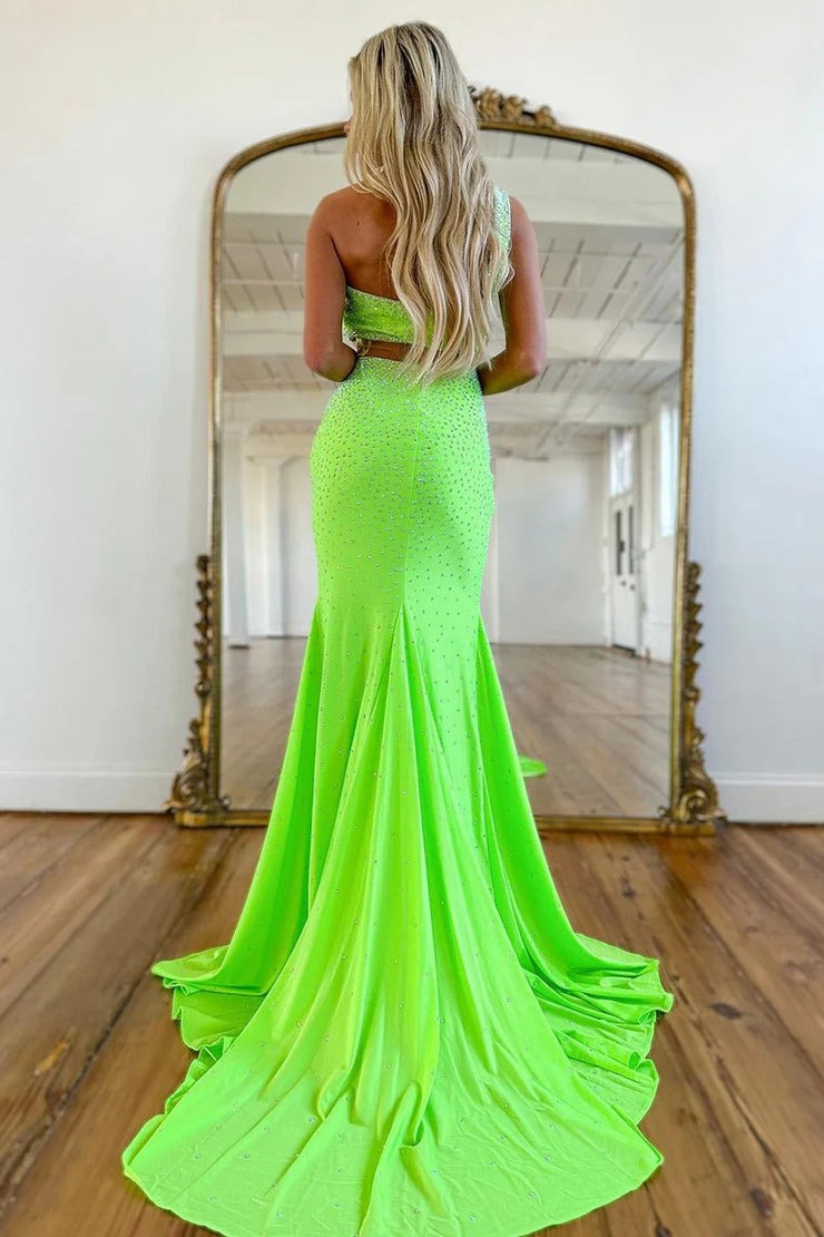 Green Mermaid One Shoulder Satin Long Prom Dress with Beading