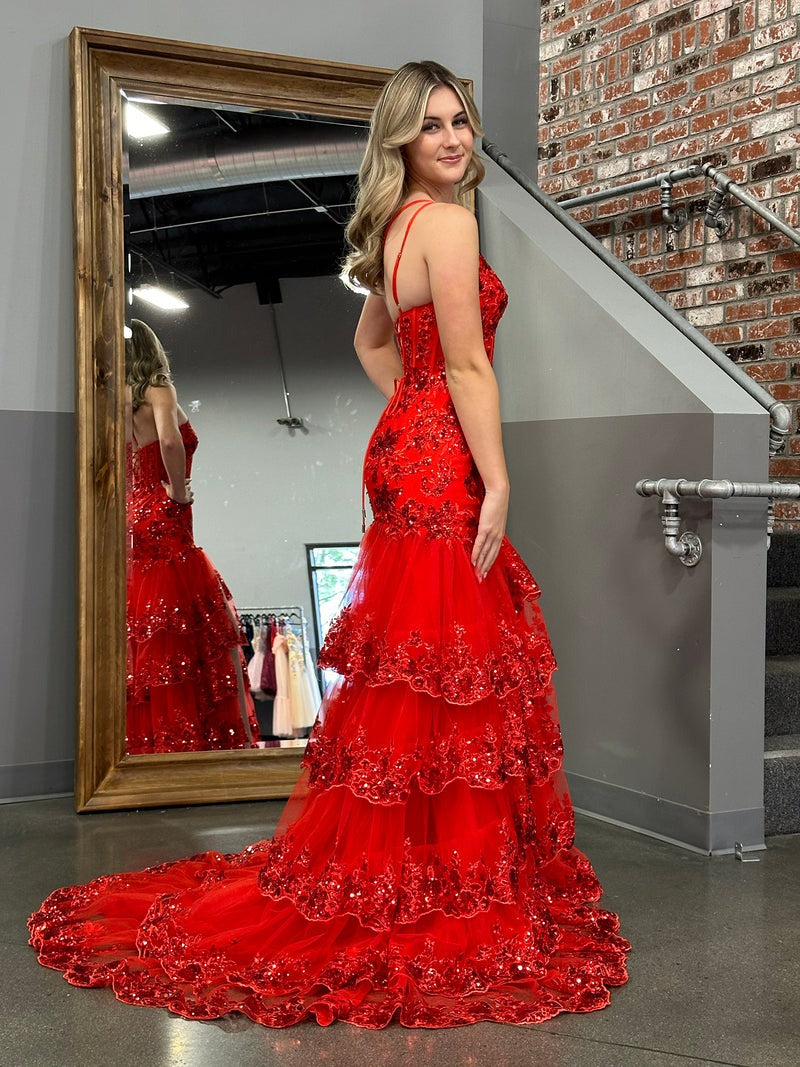 Tiered Lace Sheath One Shoulder  Long Prom Dress