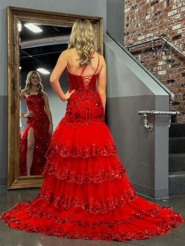 Tiered Lace Sheath One Shoulder  Long Prom Dress