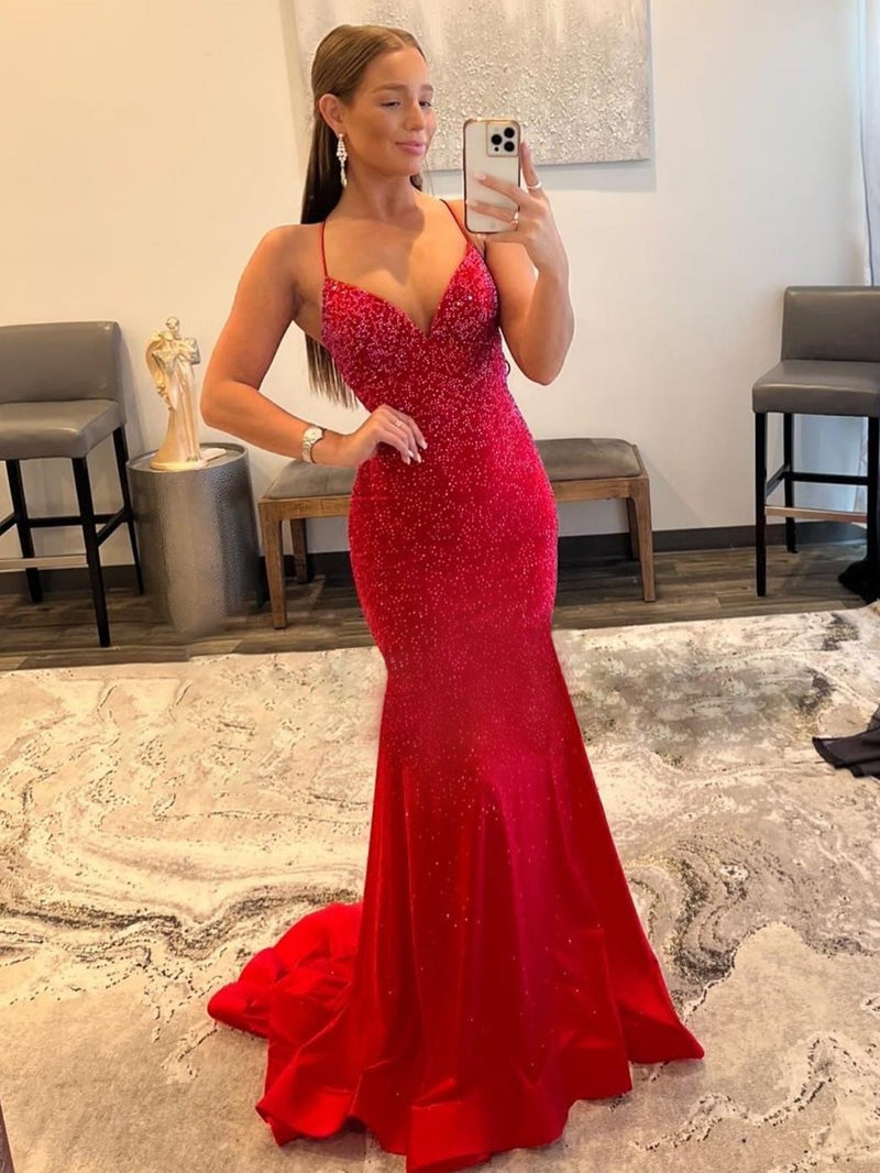 Red V  Neck Mermaid  Glitter Satin Prom Dress