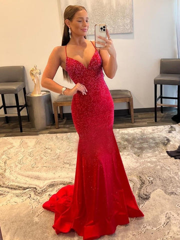 Red V  Neck Mermaid  Glitter Satin Prom Dress