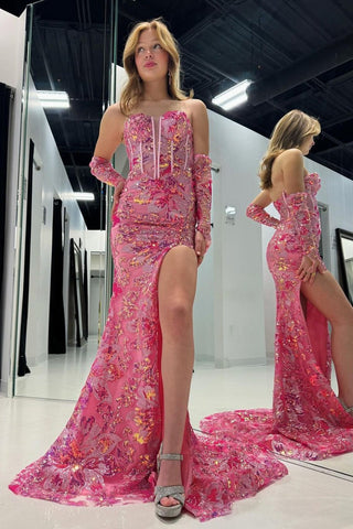 Pink Mermaid Strapless Sequin Lace Long Prom Dresses with Slit