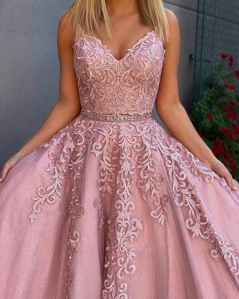 A Line Two Pieces Lace Appliques Pink V Neck Prom Dresses Evening Dresses
