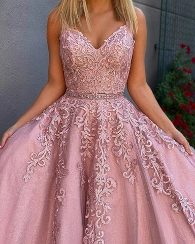 A Line Two Pieces Lace Appliques Pink V Neck Prom Dresses Evening Dresses